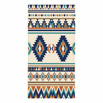 Serviette de plage 1 pièce Southwest Tribal, avec des motifs géométriques complexes en bleu marine, orange et beige. Grande microfibre à séchage rapide, parfaite pour la piscine, les voyages, unisexe.