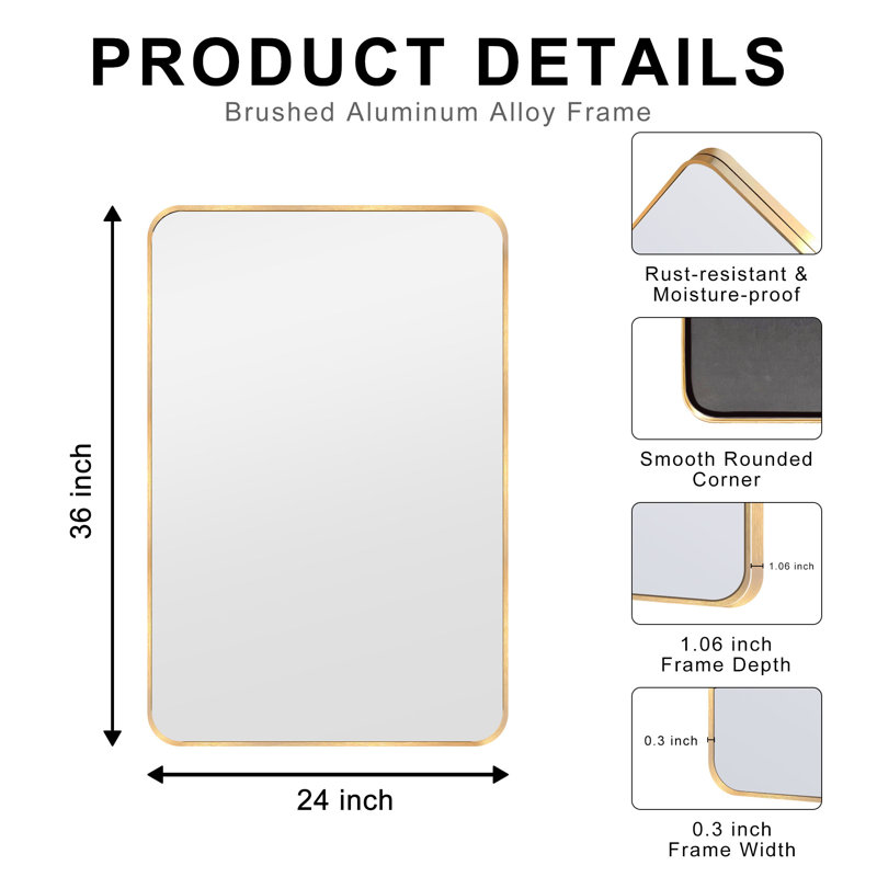 Bathroom Mirror, Brushed Aluminum Alloy Frame Vanity Rounded Rectangle Wall Mirror For Bedroom, Living Room, Hanging Or Leaning Horizontal Or Vertical