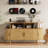Aguilera 55.1"w Mid-century Modern Record Player Stand With Charging Station, Fluted Panel Record Storage Cabinet With Open Shelves & Hidden Storage-952775069