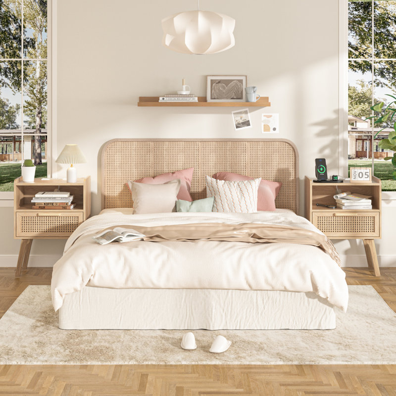 Rattan Nightstand With Charging Station, Boho Night Stand With Handmade Natural Rattan Drawer And Open Shelf, Cane Accent Side End Tables With Solid Wood Legs For Bedroom, Dorm, Small Spaces