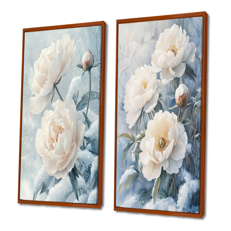 Pivoines dans les congères d'hiver I - art mural floral 2 panneaux, H 40 po x l 41 po, Cadre flottant brun