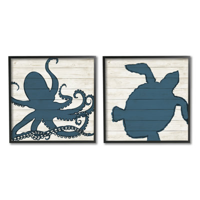 «Nautical Blue Silhouette Octopus Sea Turtle», ensemble de 2 impressions