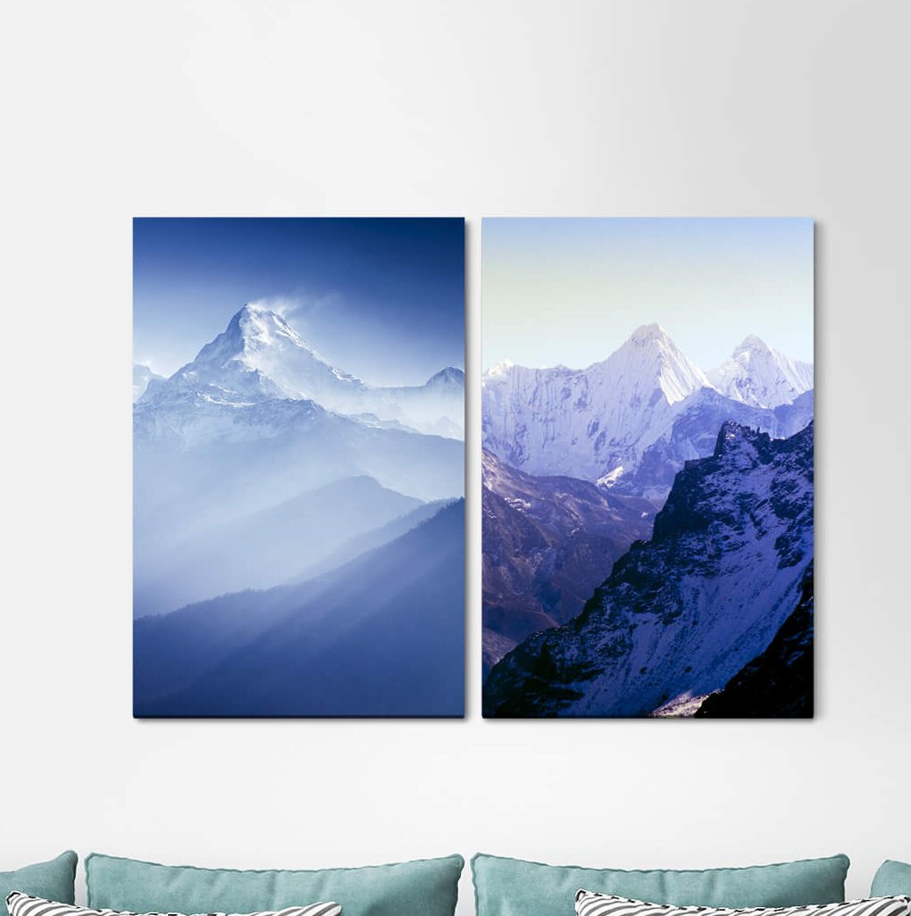 2-tlg. Leinwandbilder-Set - Fotografie "Berggipfel schneebedeckte Gipfel Himalaya-See Natur majestätisch beruhigend"