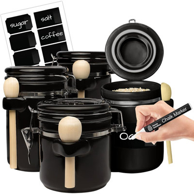 4-Piece Ceramic Kitchen Canisters Set, Airtight Containers With Wooden Spoons Reusable Chalk Labels And Marker For Sugar, Coffee, Flour, Tea (White) -  Latitude Run®, D6CBE0A2035D4DA7ACA2D846B5D2C39B