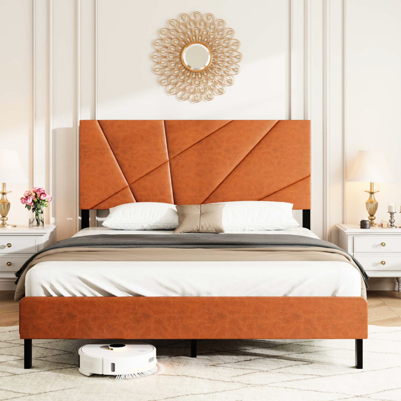 Cadre de lit très grand brun antique, sous-rangement, rembourré avec tête de lit, aucun sommier requis, assemblage rapide et facile dans la chambre à coucher plateforme en métal brun rétro, matelas chargé, structure pour