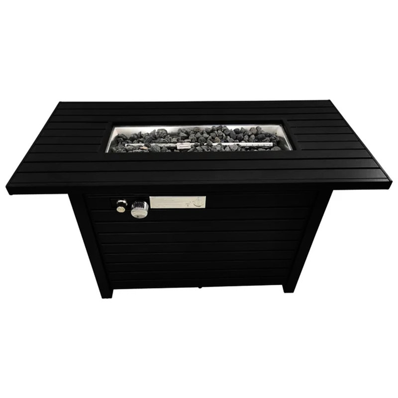 24" H Outdoor Steel Fireplace Table With Propane - Black, , Airy Slatted Base, Lid, Lava Rocks, Glass Fire Beads, Adjustable Flame, Patio Deck Compatible Heating Accessory Pit Cover, Flame