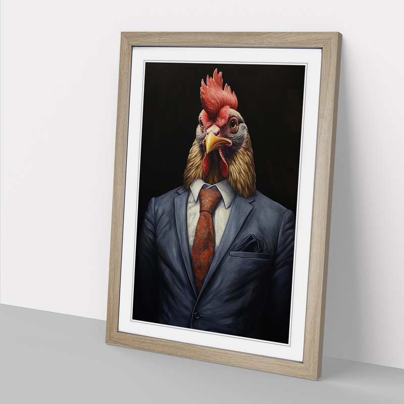 Chicken - Single Picture Frame Print on Wood, 34cm H x 25cm W x 2cm D, Oak Framed