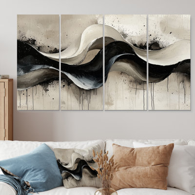 «White Rhythmic Driauge Ink River V» - art mural vagues - ensemble de décorations murales modernes