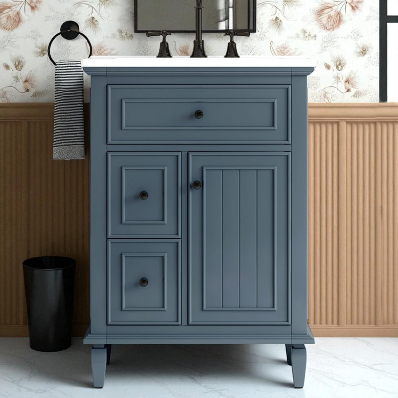 24" Single Bathroom Vanity Set With Ceramic Top, Black, Blue Gray