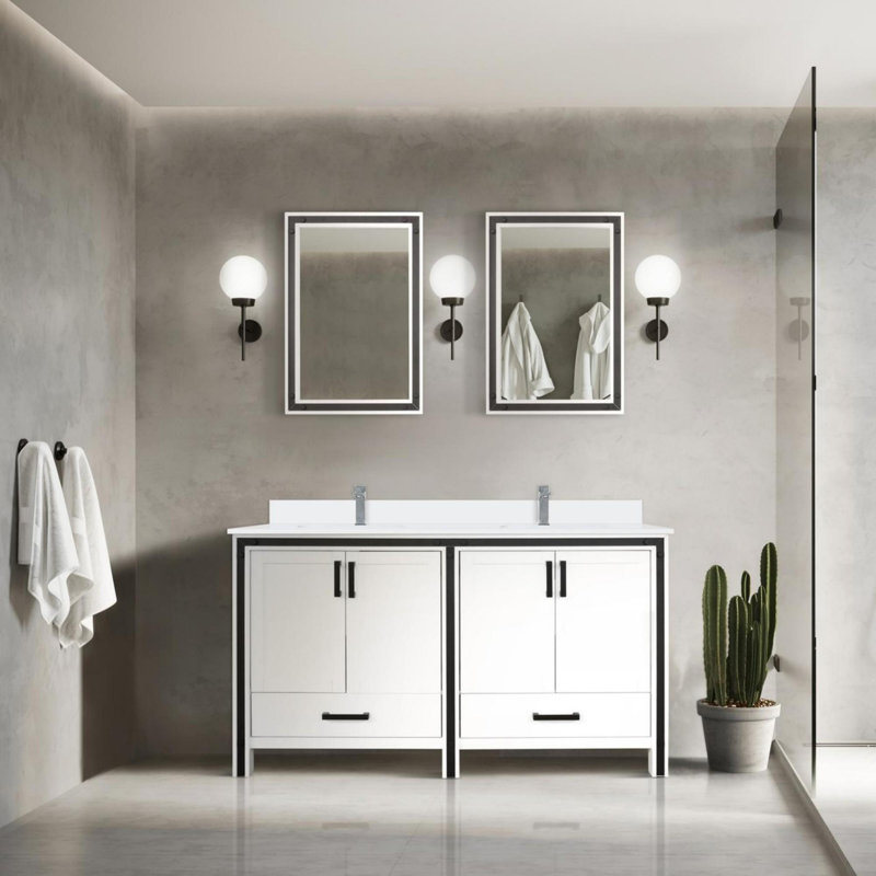 Meuble-lavabo double avec comptoir en quartz blanc, Blanc