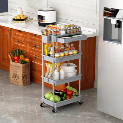 Rolling Cart with Drawer & Lockable Wheels, Plastic Shelf Storage Organizer Cart