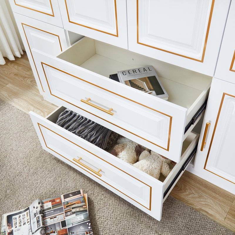 Armoire 4 portes en bois manufacturé massif, garde-robe avec tiroirs, blanc