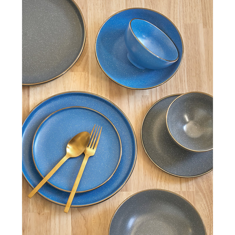 Blue Ceramic Dinnerware Set with Gold Rim, Service for 4