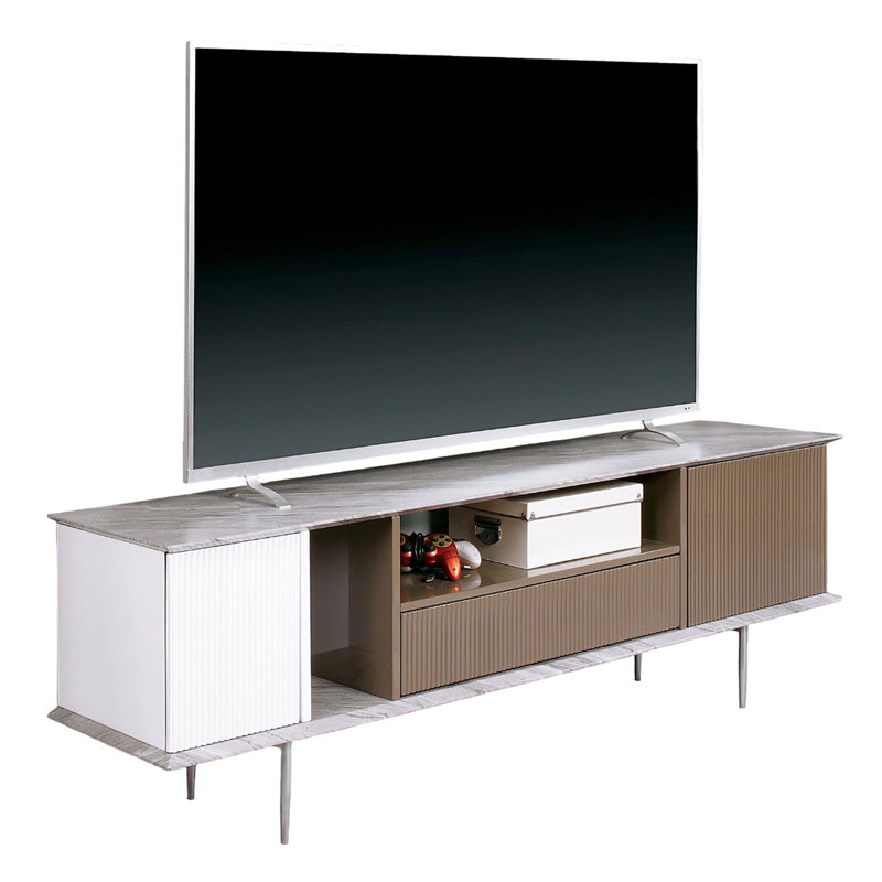 Console de télévision haute brillance grise, avec tablettes ouvertes, un tiroir, marbre répliqué et composants en acier pour un décor moderne avec glissières à roulement, surface en marbre, rangement, tiroir champagne