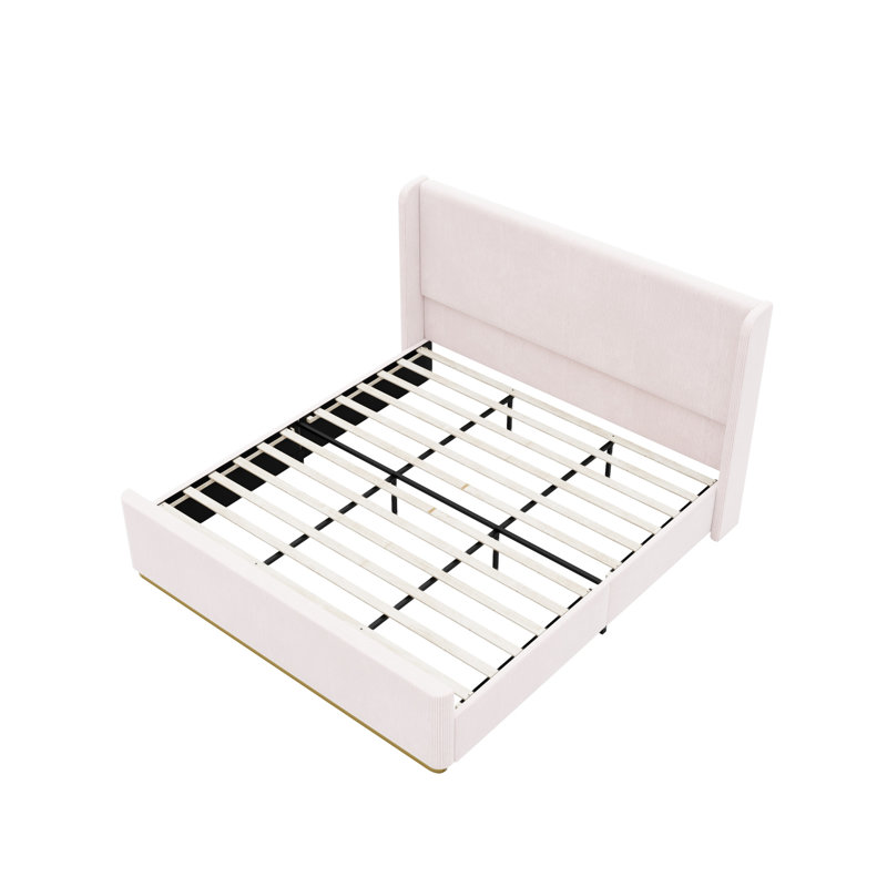 Lit plateforme tapissier à oreilles avec tête de lit et pied de lit haut, Roi, Rose