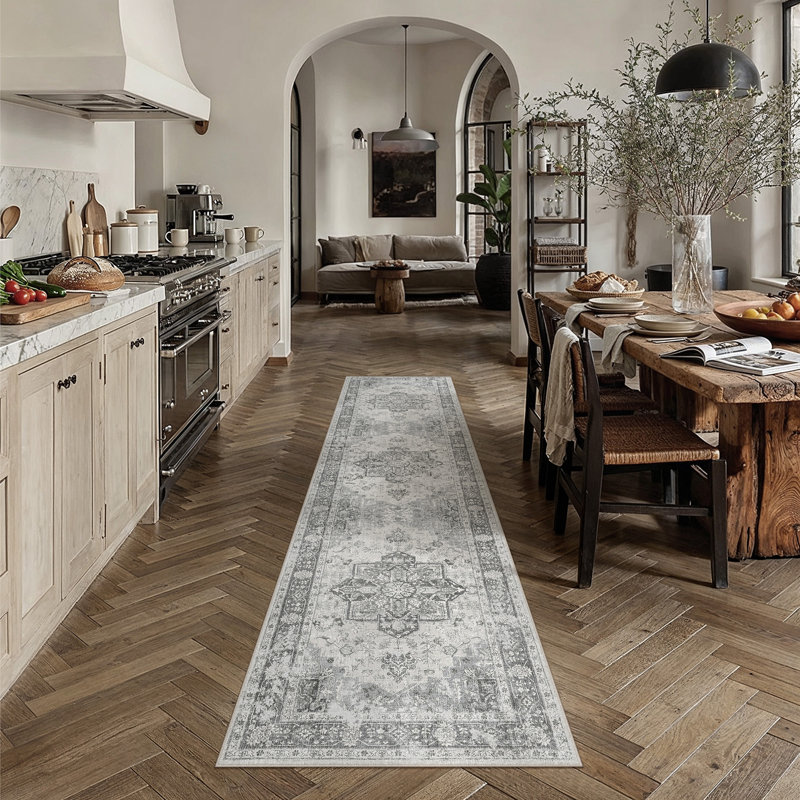 Tapis lavable rétro patiné avec envers antidérapant, Gris, Tapis de couloir 2 pi x 8 pi