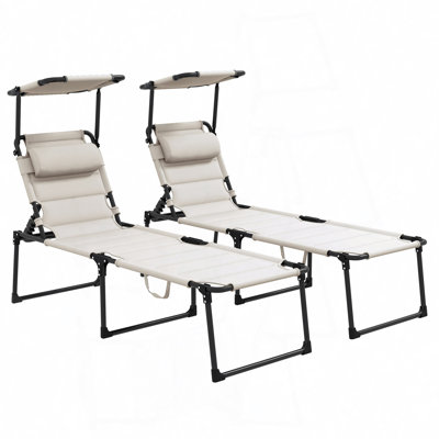 2 Pcs Outdoor Lounge Chair, Adjustable Backrest Folding Chaise Lounge, Cushioned Tanning Chair With Sunshade Roof & Pillow Headrest For Beach, Camping, Hiking
