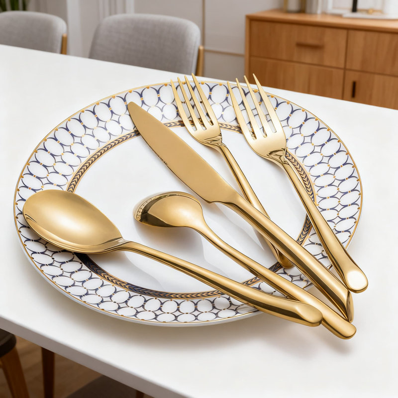 Service de couverts 20 pièces en acier inoxydable pour 20 personnes, ensemble de couverts dorés avec poignées ondulées et finition polie miroir pour un cadeau de pendaison de crémaillère de mariage et un usage quotidien