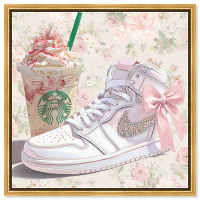 Strawberry Frappucino Sneaker Framed Canvas Print Dorm Wall Decor by Art Remedy, Gold Frame, 20 x 20