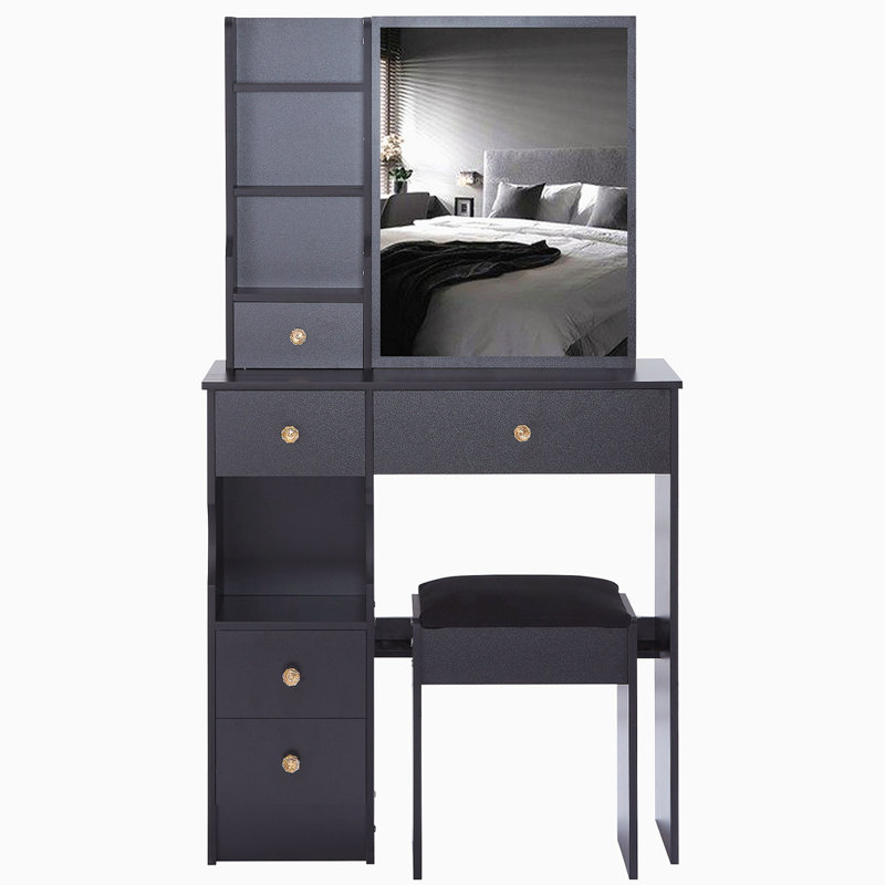 Small Left Drawer Desktop Vanity Table + Cushioned Stool, Extra Large Sliding Mirror, Multi Layer, High Capacity Storage Fashionable Dresser, Suitable For Small Space, EPA,GCC,UL Certificate