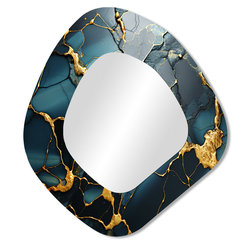 Addilynn Gold and Green Abstract marble Aura IV - Marble Unique Shape Wall Mirror, Gold Asymmetrical Decorative Mirror, Printed Metal Art