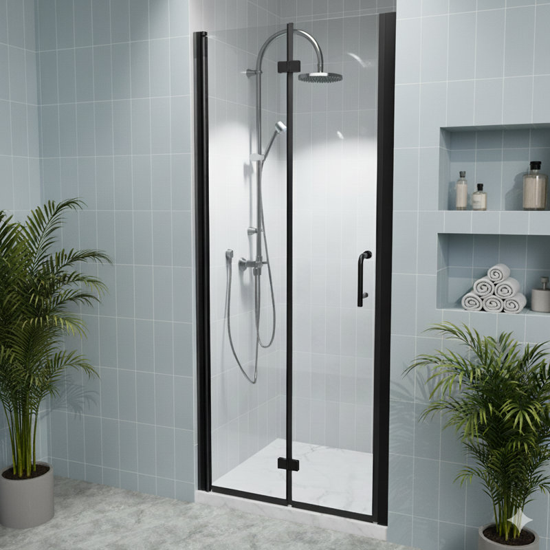 34" W X 72" H Bi-Fold Semi-Frameless Shower Doors with 1/4"(6mm) Clear Tempered Glass, Matte Black