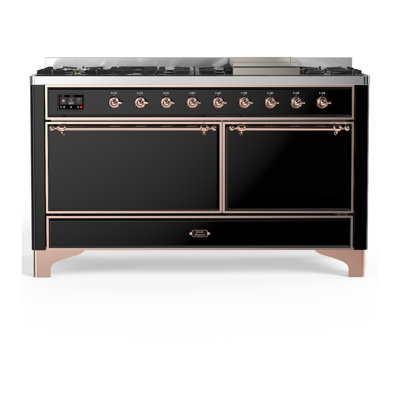 Cuisinière à double combustible 60 pouces avec 7 brûleurs scellés et plaque chauffante Majestic III Series en noir brillant (gaz naturel, garniture en cuivre)