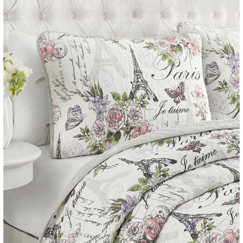 Paris Floral Gray Cotton Full Reversible Quilt Set