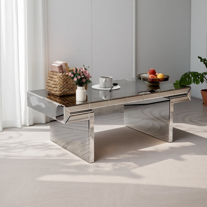 Table basse à miroir rectangulaire de luxe 47 pouces avec verre trempé cannelé, table d'appoint moderne pour canapé, assemblage facile en 2 étapes, style luxueux léger, emballage renforcé