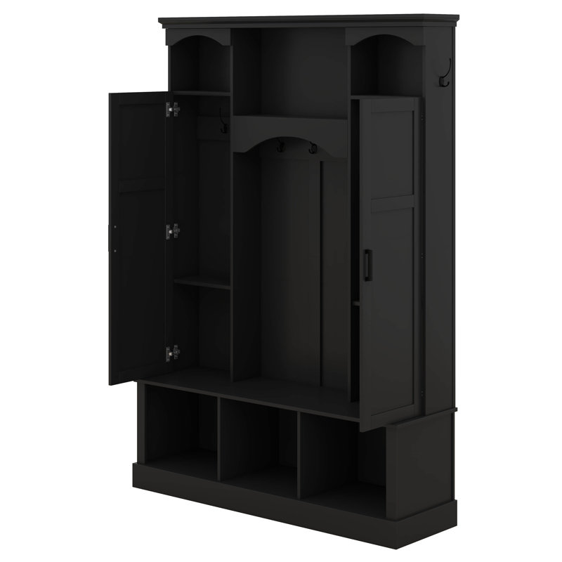 Hall Tree With Adjustable Shelves & 7 Hooks, All-In-One Entryway Organizer, Shoe Cabinet & Storage Bench, Black