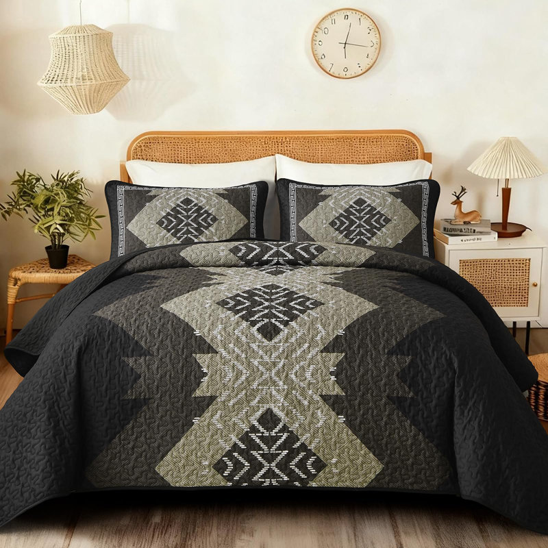 3-Piece Boho Aztec Western Quilt Set Textured Bedspread Coverlet with Pillowcases for All Seasons, King Quilt + 2 Pillowcases