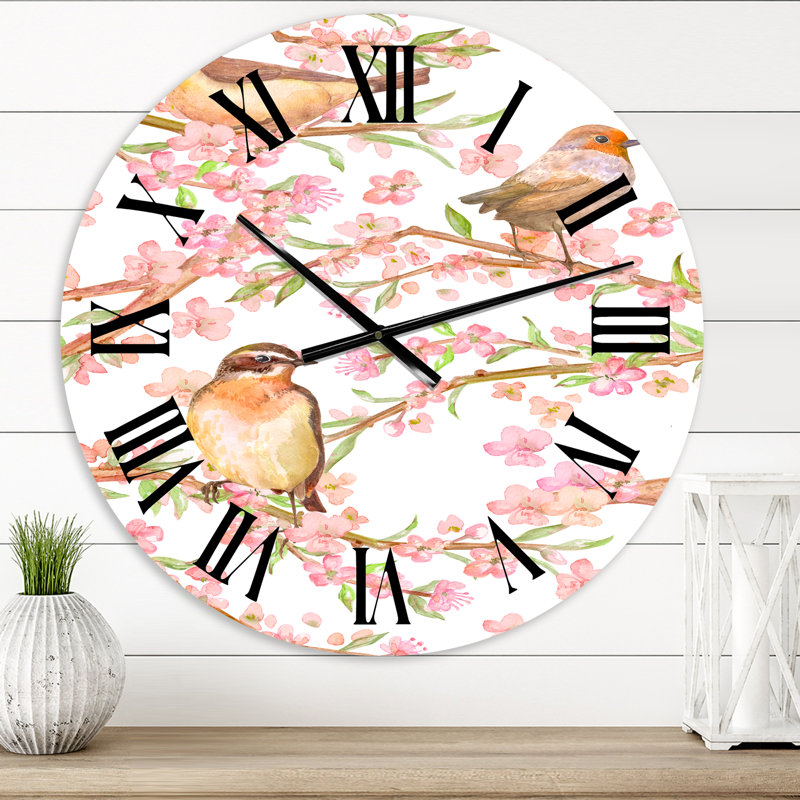Branches de fleurs d'amandier et de jolis oiseaux - Horloge murale traditionnelle, Petit