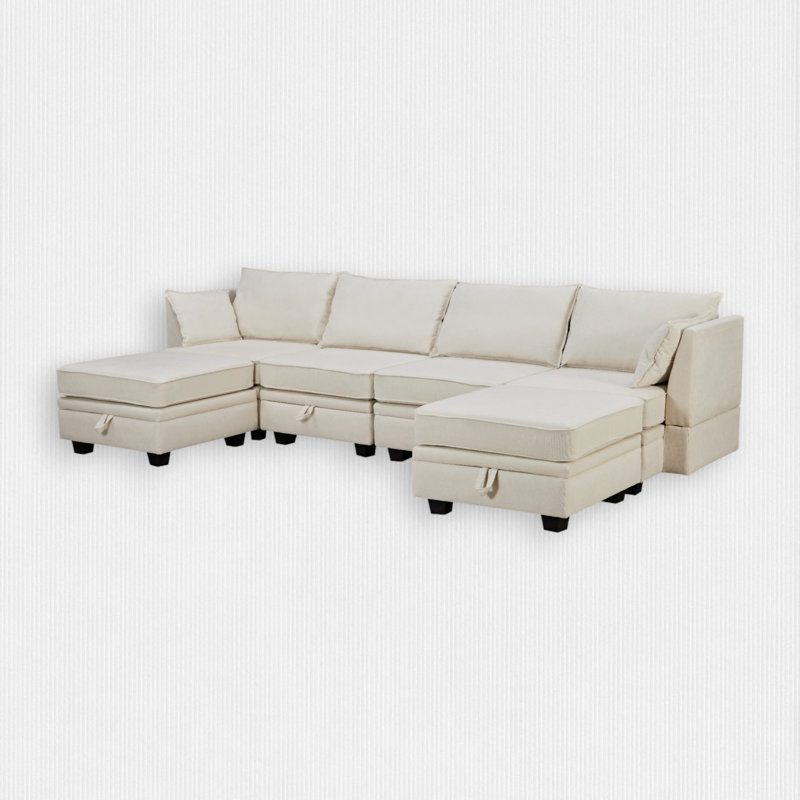 Wide Reversible Modular Sofa & Chaise with Ottoman, Beige Polyester Blend