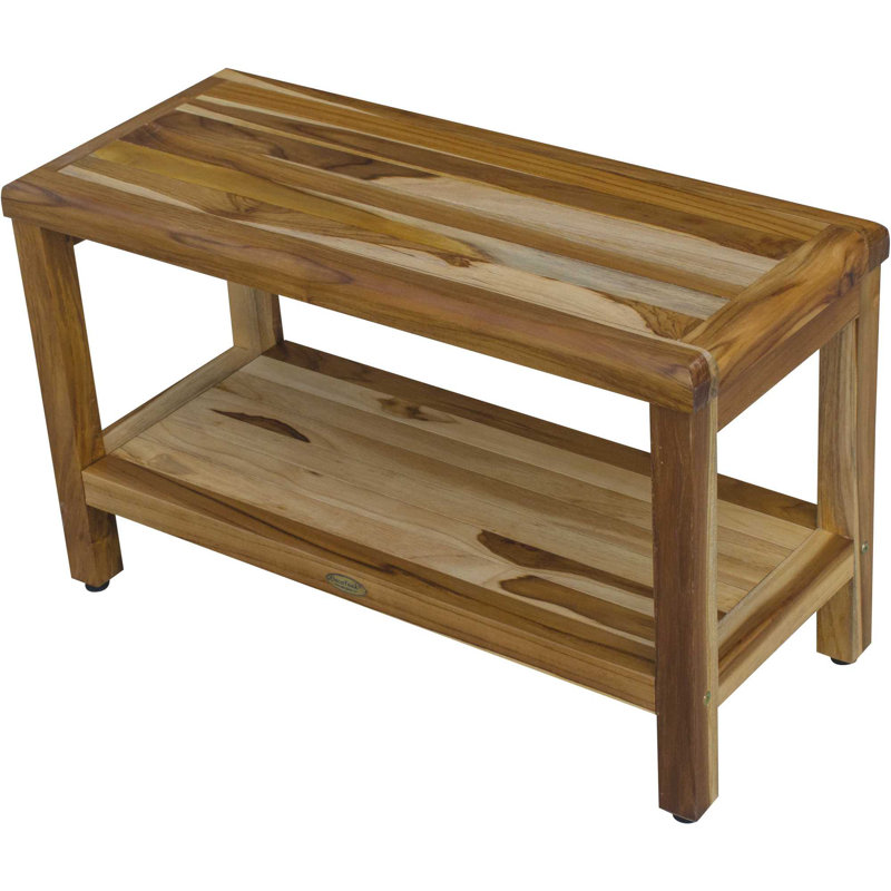 Rectangular Teak Shower Bench With Shelf, Natural, 18" H x 30" W x 14" D