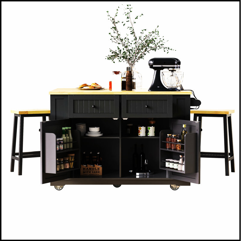 48-Inch Large Kitchen Island With 2 Bar Stools, Power Outlet, And Multiple Storage Options For Modern Kitchens And Dining Rooms