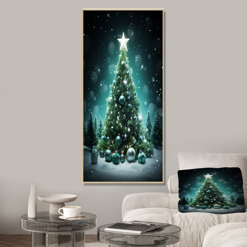 Magical Green Christmas Tree - Winter Landscape, art mural, Cadre flottant brun, H 60 po x l 28 po x P 1,5 po