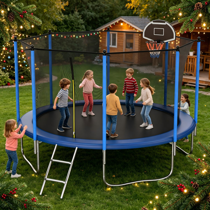 12FT Round Backyard Tranpoline with Safety Enclosure Net and T-Hook for Kids and Adults