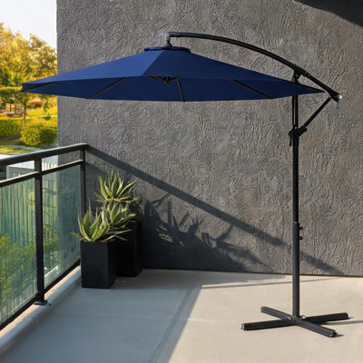 Parasol de patio en porte-à-faux de 10 pieds bleu foncé avec manivelle et auvent en polyester résistant aux rayons UV