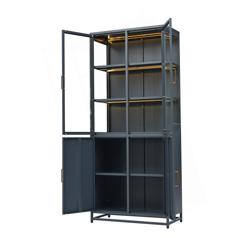 76.75'' Tall Display Cabinet With Double Glass Doors And LED Lights Steel Curio Cabinet For Collectibles Figures Trophies 3-Sided Glass Display Case For Home Office Study Stores Playroom