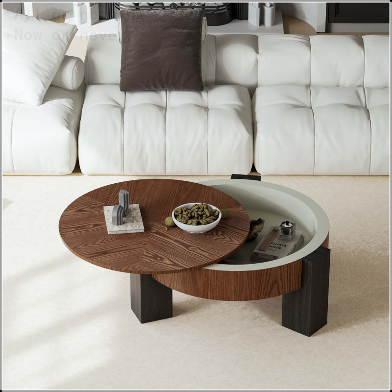 Table basse ronde avec rangement caché et placage de parquet, Bois naturel