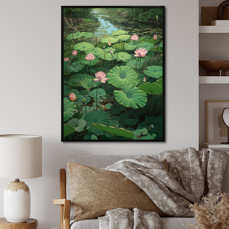 «Pinklotus P pureté en fleur I» sur toile, H 32 po x l 16 po x P 1 po, Cadre flottant noir