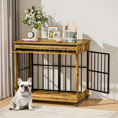 38 po Mobilier de caisse pour chien, meuble pour chenil intérieur en bois à double porte, table de bout décorative avec roulettes pour animaux de compagnie pour chiens de grande et moyenne race, taille L, brun rustique