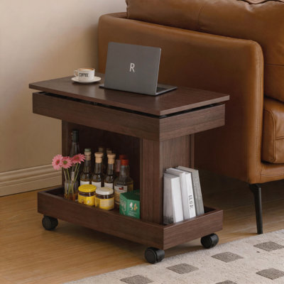 Petite table basse avec roulettes, table d'appoint multifonctionnelle rotative à 360 °, table de bout roulante avec compartiment de rangement, table de chevet mobile pour le salon, la maison et le mobilier de maison, naturel