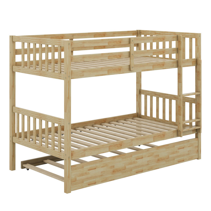 Twin Over Twin Rubber Wood Bunk Bed – Twin-Size Trundle, Ladder, Safety Guardrails + Convertible To Twin Beds, White Oak