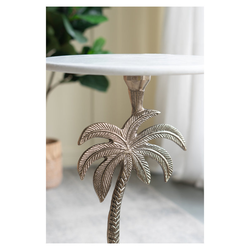 Table d'appoint ronde avec plateau en marbre blanc et base palmier doré, 14 po x 14 po x 24 po