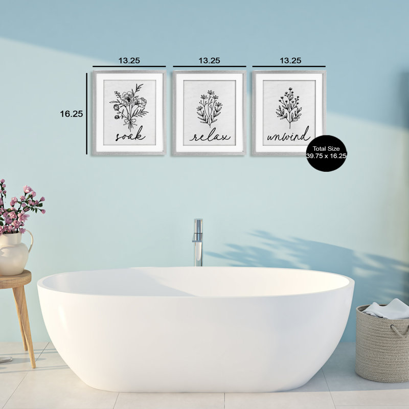 «Bathroom Herbs for Relaxation», ensemble de 3 impressions encadrées sous verre, H 16 po x l 13 po, Cadre de ferme gris