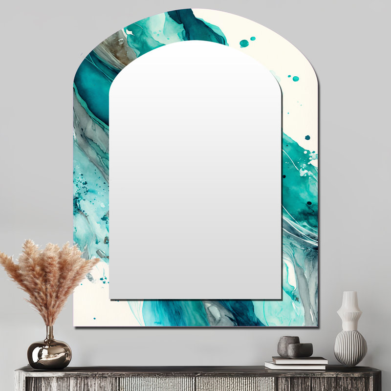 Turquoise Waves In Paradise V - miroir décoratif asymétrique à encre liquide, miroir mural arqué moderne, impression d'art en métal