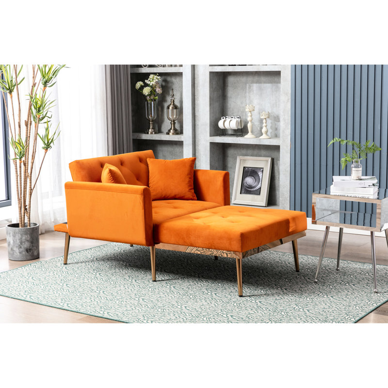 Chaise longue en velours avec coussins et coussin moelleux, réglable pour la chambre du salon (capitonnage décoratif orange, 3 niveaux, accoudoirs Living,