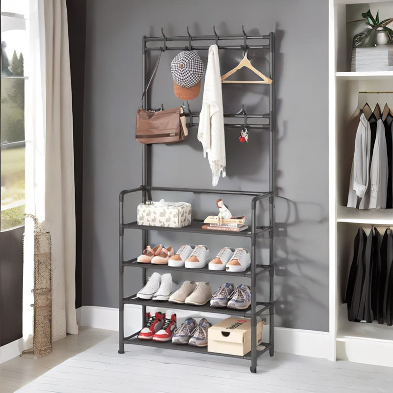 Anirud Industrial Metal Hall Tree Shoe Rack with Clothes Hangers