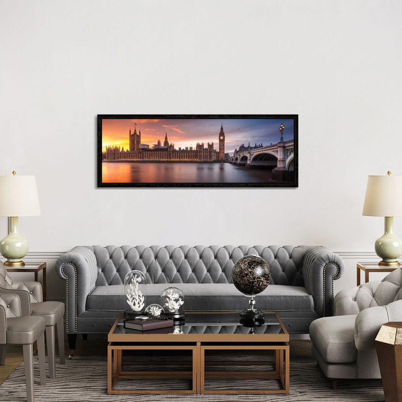 London Palace Of Westminster Sunset 1 Piece Panoramic Wall Art on Canvas, 152.4 cm H x 50.8 cm W, Black Framed